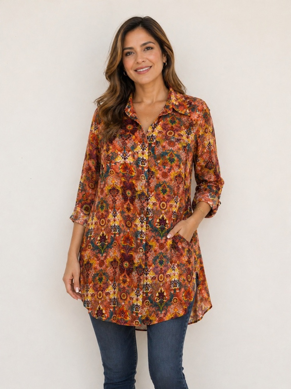 Jessica London Burnt Orange Floral Button-Front Tunic